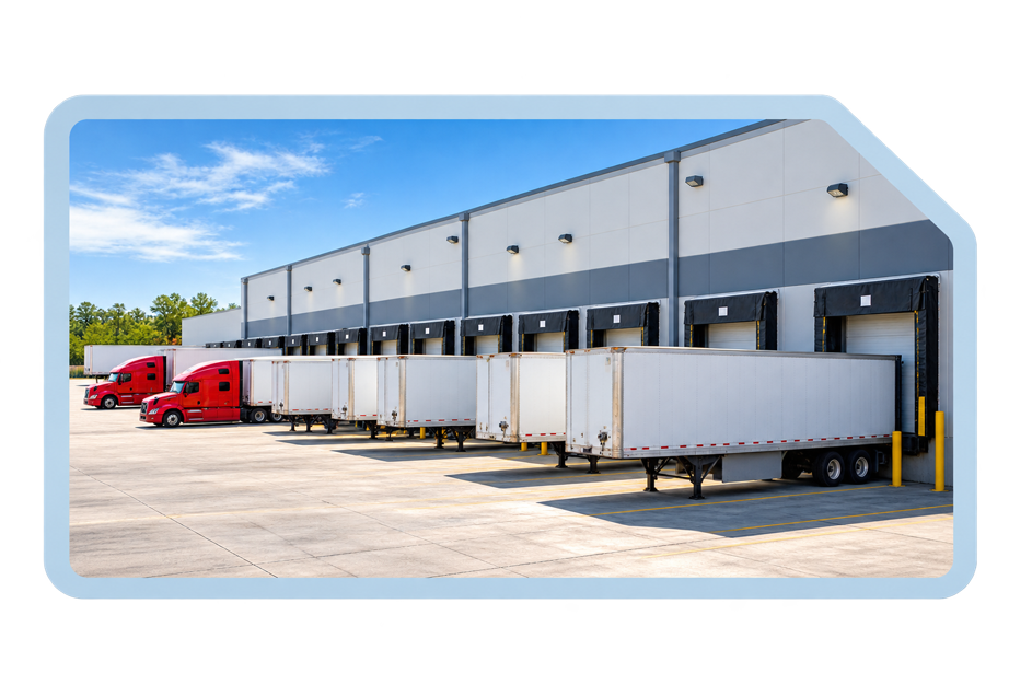 Red semi-trucks and white freight trailers at a distribution warehouse loading dock.
